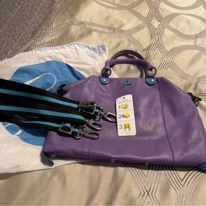 Purple Leather Handbag with Striped Strap